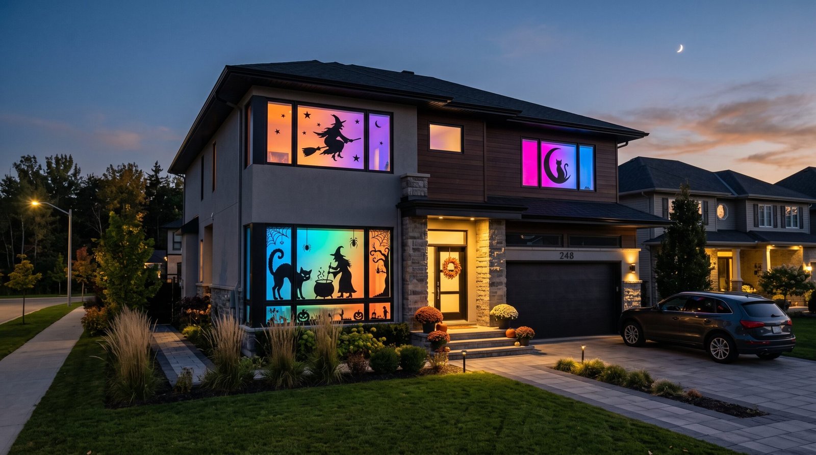Halloween House_exterior_with_witch_silhout