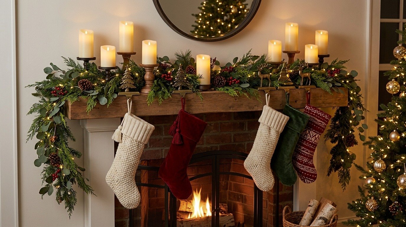 Flameless Candles + Mantel Garland + Stocking Holders
