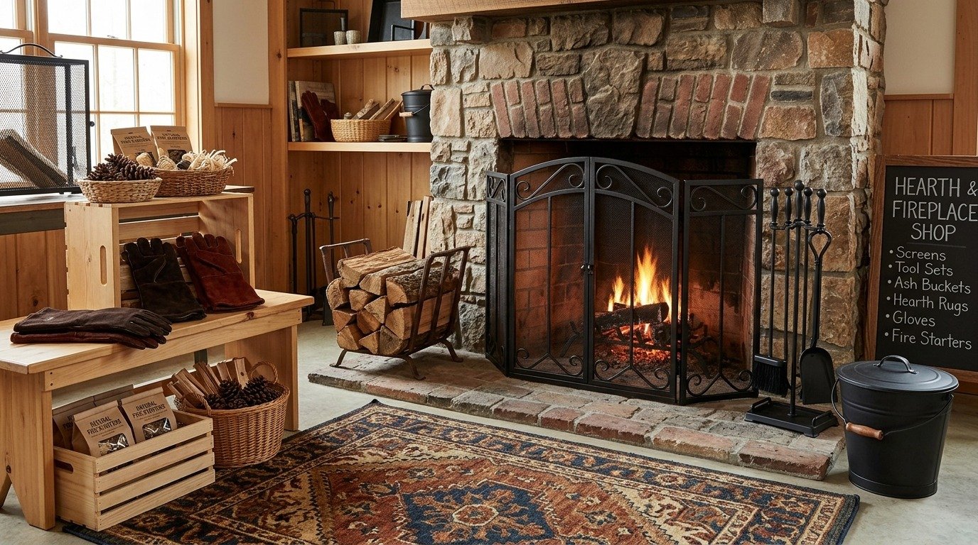 Fireplace Screens, Fireplace Tool Sets, Ash Buckets, Hearth Rugs, Heat-Resistant Gloves, Natural Fire Starters