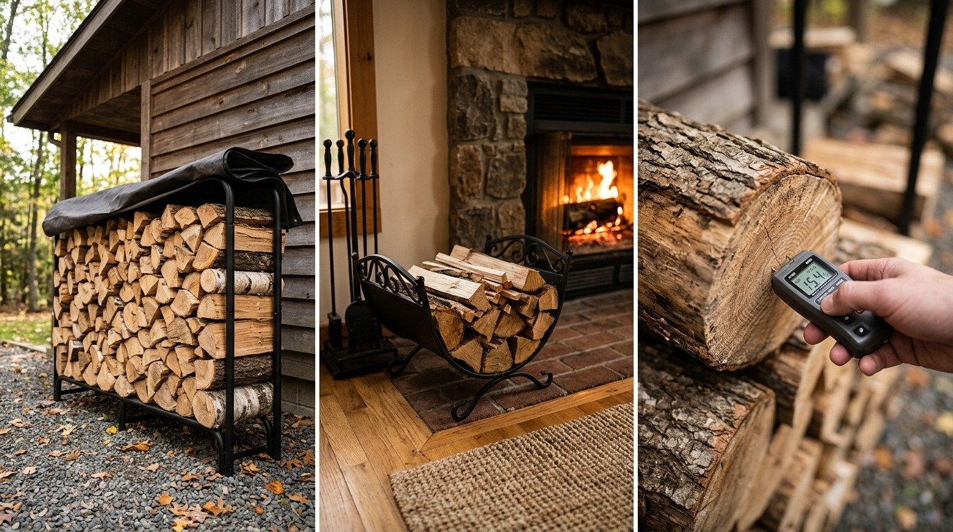 Outdoor Firewood Racks + Indoor Log Holders + Wood Moisture Meters